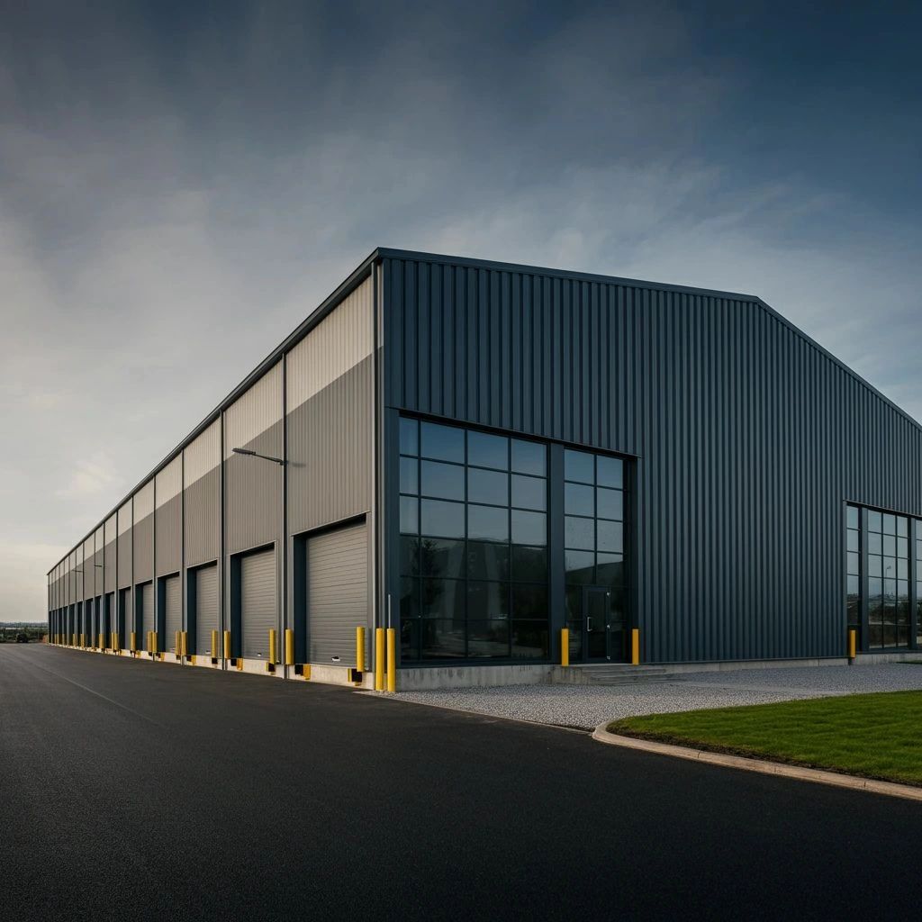 Modern pre-engineered metal commercial building with roll-up doors
